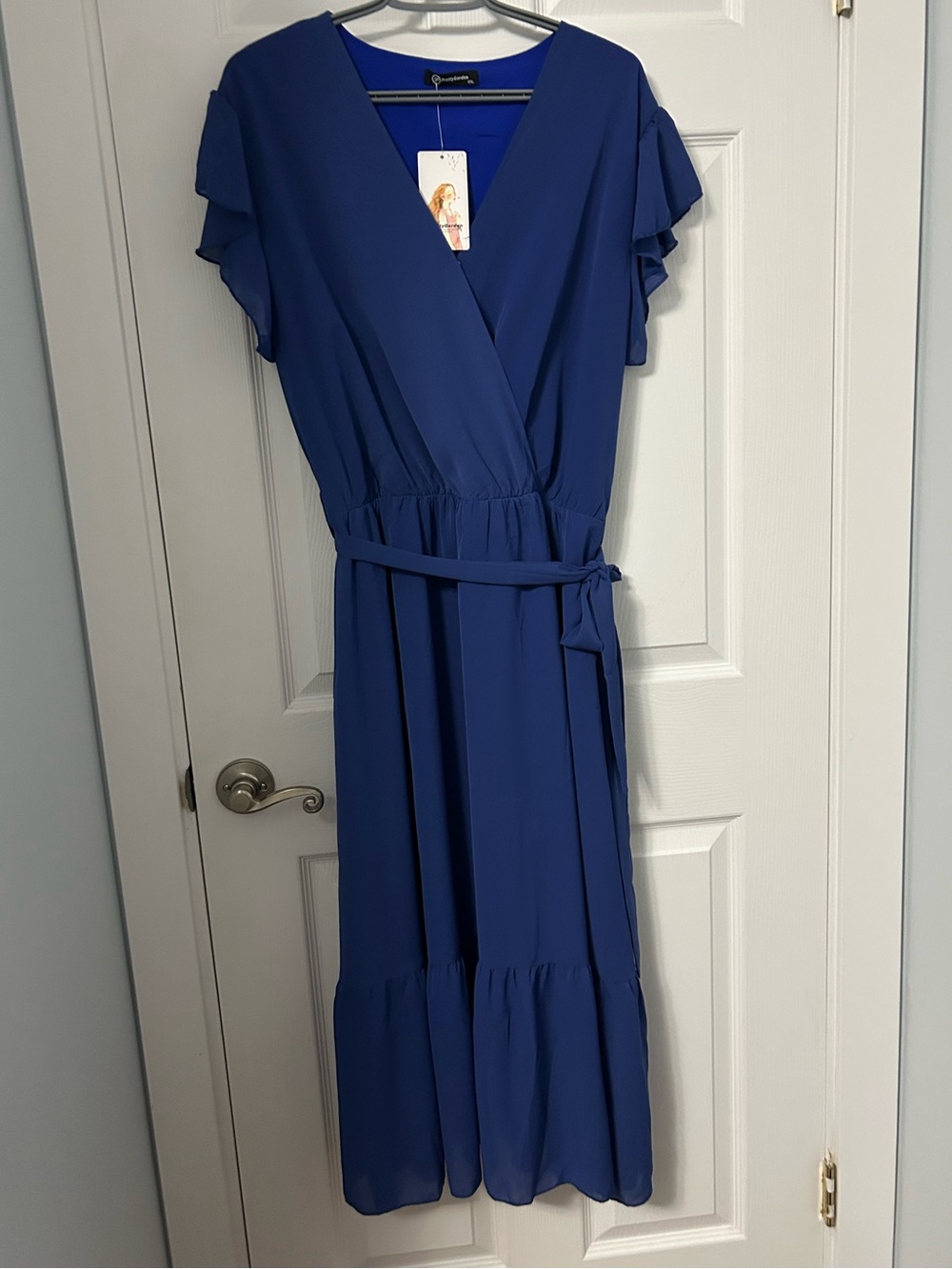 Flattering Royal Blue Wrap Midi Dress with Tie Waist